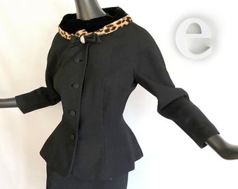 Lilli Ann Vintage 40s Pencil Skirt + Jacket Suit | NOS Size L | Sexy Black + Leopard Faux Fur Trim | Rockabilly Pin Up Bombshell | Post WWII