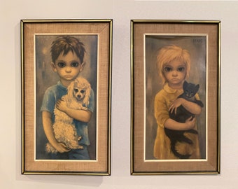 Authentic 1960s Keane Prints | No Dogs Allowed & The Stray | boy dog + girl cat | MOD Big Eyes Eyed Moppets Art | Groovy Hippie Home Decor