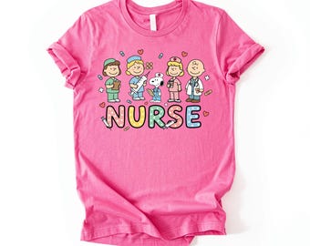 Nurse Cartoon Characters T-Shirt, Cute Dog and Friends Nurse Lettering Tee, Puppy Lover Nurse Week Gift Shirt
