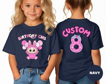 Cute Monster Bunny Custom Birthday Girl Shirt or Sweatshirt, Personalized Name Age Tee, Cute Bunny Birthday Front Back Shirt for Girls