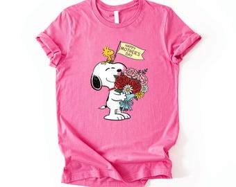 Happy Mother’s Day Dog Shirt, Cute Puppy Floral Mom Gift Tee, Cartoon Dog with Flowers Shirt, Mom Life Graphic Tee, Grandma for Gift