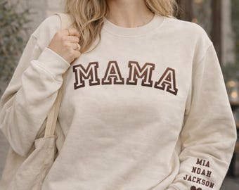Custom Puff Print Sweatshirt with 3D Name Design, Personalized Neutral Crewneck for Women, Bridesmaids, Teams, Mommy Kids Name, Baseball Mom