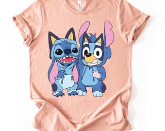 Blue Dog and Stitch Friends Shirt – Cute Cartoon Puppy and Alien Tee – Summer Vacation Park Outfit – Matching Friends T-Shirt
