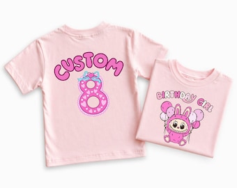Cute Monster Bunny Custom Birthday Girl Shirt or Sweatshirt, Personalized Name Age Tee, Cute Bunny Birthday Front Back Shirt for Girls