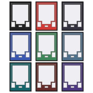 Puede incluir: Una colecci&oacute;n de nueve marcos de fotos rectangulares dispuestos en cuadr&iacute;cula, cada uno con un paspart&uacute; blanco con una gran abertura central, dos aberturas laterales m&aacute;s peque&ntilde;as y una peque&ntilde;a abertura rectangular en la parte inferior en varios colores.