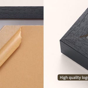 Puede incluir: Un marco de fotos de madera negra con acabado de grano texturizado, esquinas en inglete y una placa de acr&iacute;lico transparente con un respaldo de papel marr&oacute;n. El marco incluye etiquetas que se&ntilde;alan el tablero acr&iacute;lico y la madera.