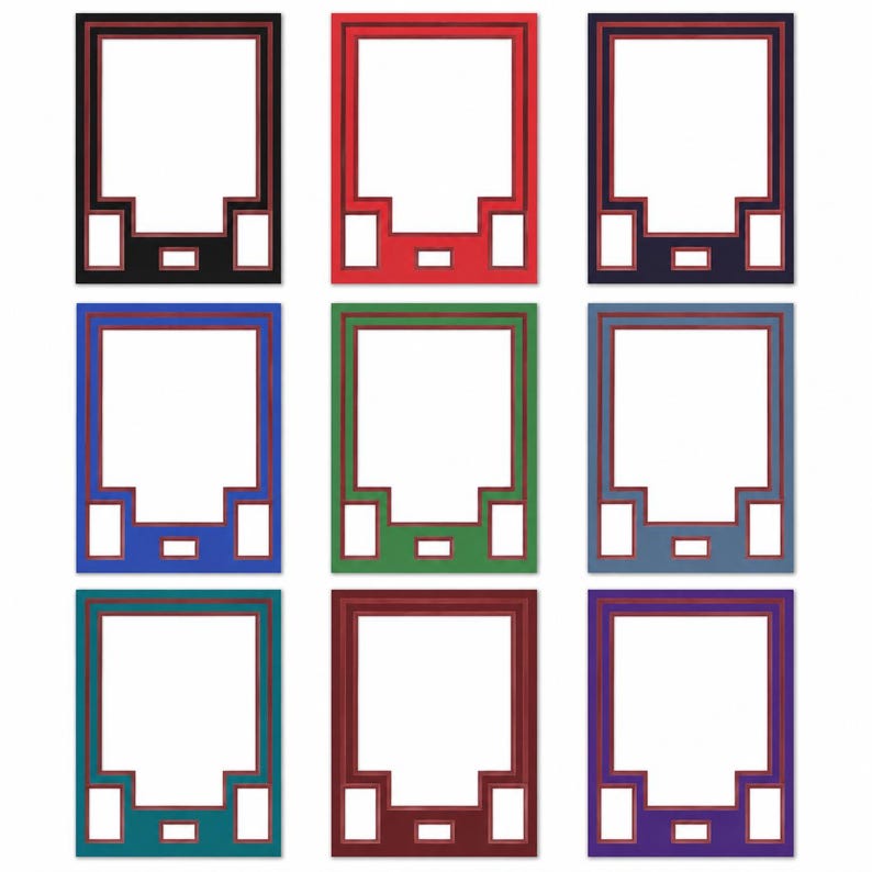 Puede incluir: Una colecci&oacute;n de nueve paspart&uacute;s rectangulares dispuestos en cuadr&iacute;cula. Cada paspart&uacute; presenta una gran abertura central, dos aberturas laterales m&aacute;s peque&ntilde;as y una peque&ntilde;a abertura inferior, todas bordeadas por una fina l&iacute;nea roja.