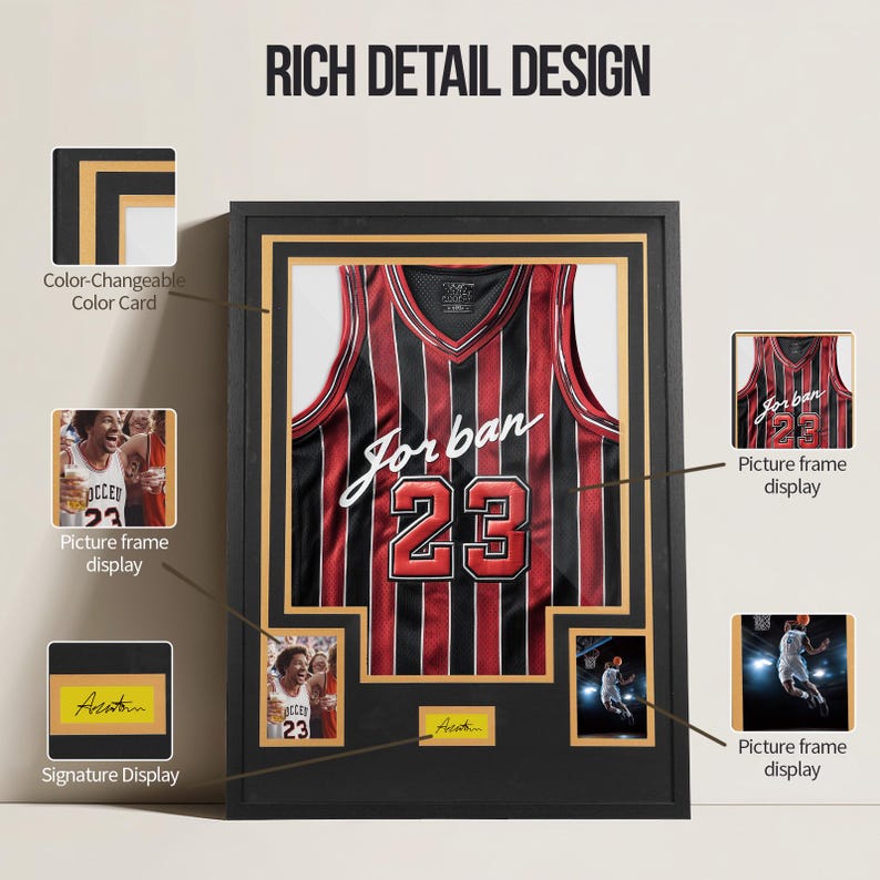 Puede incluir: Un marco de exhibici&oacute;n negro que contiene una camiseta de baloncesto a rayas rojas y negras con el texto "Jorban" y el n&uacute;mero "23" en el frente. El marco incluye varias ranuras para fotograf&iacute;as, una placa de firma y una tarjeta de color.