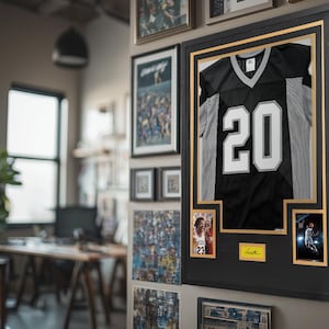 Puede incluir: Una camiseta deportiva en blanco y negro con el n&uacute;mero 20 exhibida en un marco negro grande. La pieza incluye dos fotos rectangulares peque&ntilde;as y una placa rectangular amarilla con una firma, montadas sobre un paspart&uacute; negro con borde dorado.
