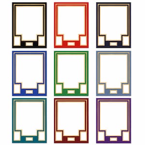 Puede incluir: Una colecci&oacute;n de nueve marcos de fotos rectangulares dispuestos en una cuadr&iacute;cula. Cada marco presenta un borde de color s&oacute;lido en negro, rojo, azul marino, azul, verde, azul claro, cerceta, granate o morado, con l&iacute;neas doradas e interiores blancos.