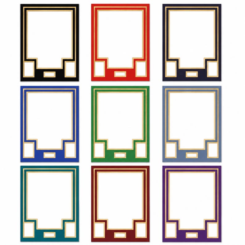 Puede incluir: Una colecci&oacute;n de nueve marcos de fotos rectangulares dispuestos en una cuadr&iacute;cula. Cada marco presenta un borde de color s&oacute;lido en negro, rojo, azul marino, azul, verde, azul claro, cerceta, granate o morado, con l&iacute;neas doradas e interiores blancos.