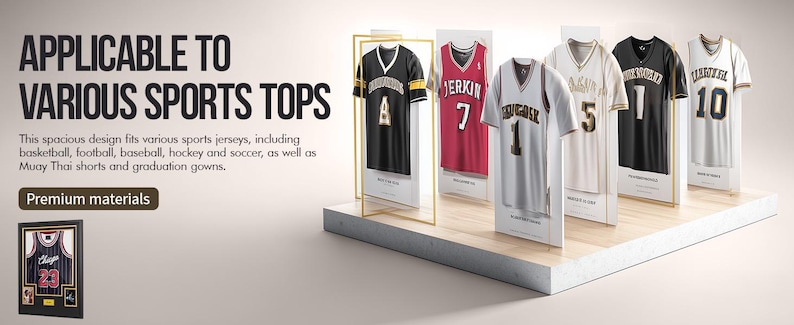 Puede incluir: Un expositor con varios maillots deportivos en negro, blanco y rojo, con el texto APPLICABLE TO VARIOUS SPORTS TOPS, This spacious design fits various sports jerseys, including basketball, football, baseball, hockey and soccer, as well as Muay Thai shorts and graduation gowns, y Premium materials.