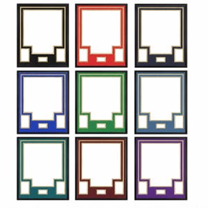 Puede incluir: Una colecci&oacute;n de nueve marcos de fotos rectangulares dispuestos en cuadr&iacute;cula. Cada marco presenta una gran abertura central, dos aberturas laterales m&aacute;s peque&ntilde;as y una peque&ntilde;a abertura rectangular inferior, con bordes dorados.