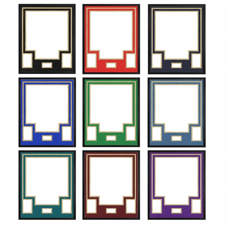 Puede incluir: Una colecci&oacute;n de nueve marcos de fotos rectangulares dispuestos en cuadr&iacute;cula. Cada marco presenta una gran abertura central, dos aberturas laterales m&aacute;s peque&ntilde;as y una peque&ntilde;a abertura rectangular inferior, con bordes dorados.