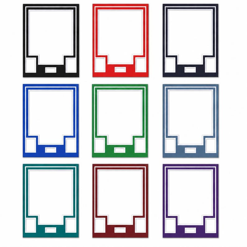 Puede incluir: Una colecci&oacute;n de nueve paspart&uacute;s rectangulares dispuestos en cuadr&iacute;cula, cada uno con una gran abertura central, dos aberturas laterales m&aacute;s peque&ntilde;as y una peque&ntilde;a abertura rectangular inferior, disponibles en negro, rojo, azul marino, azul, verde, gris, cerceta, granate y morado.