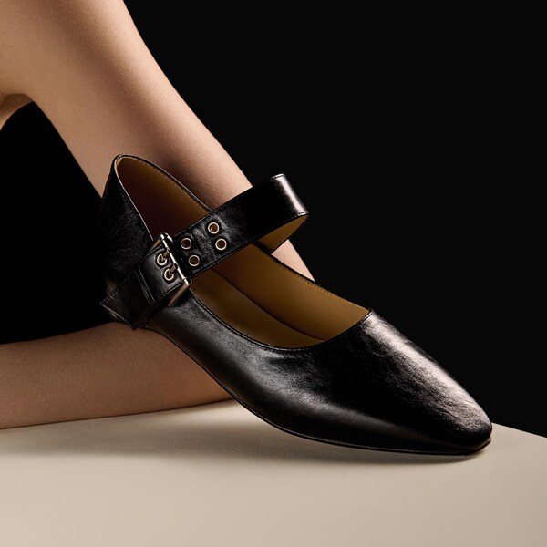 Black Leather Mary Jane Flats | Square Toe Buckle Shoes