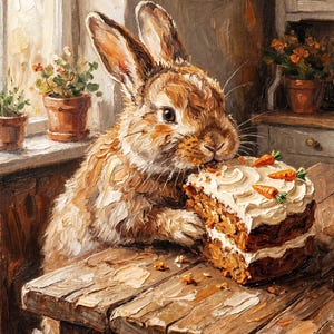 May include: A painting of a brown rabbit enjoying a slice of carrot cake. The cake, with white icing and carrot garnishes, sits on a wooden table. The scene is set in a kitchen with a window and potted plants, evoking a rustic feel.