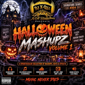 Puede incluir: Una portada de álbum digital titulada Halloween Mashupz Volume 1 de DJ X-Cell. La ilustración presenta una calabaza brillante, un controlador de DJ, un esqueleto con auriculares, fantasmas y una mansión embrujada bajo la luna llena.