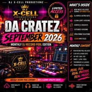 Puede incluir: Un gráfico promocional para el DJ record pool mensual Da Cratez September 2026 de DJ X-Cell Productionz. La imagen muestra una caja de discos de vinilo, auriculares de DJ y un controlador Pioneer DJ sobre un fondo de horizonte urbano al atardecer.
