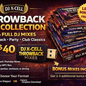 Könnte beinhalten: Werbebild für eine "Throwback Mix Collection" von DJ X-Cell mit 14 kompletten DJ-Mixen. Das Bild enthält einen USB-Stick und einen Stapel CD-Hüllen mit dem Text "Throwback" und "Bonus Mixes Included!"