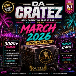 Puede incluir: Gráfico promocional para el grupo de discos "DA CRATEZ", con una caja de discos de vinilo. El diseño incluye texto como "Marzo 2026", "3000+ Tracks" y géneros como Hip-Hop y EDM. La imagen tiene un tema de vida nocturna.