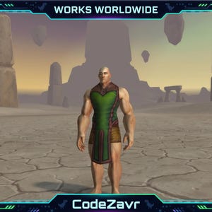 May include: A muscular character in a green and brown tunic stands in a desert landscape. The background features rock formations and a hazy sky. The image is framed with a blue and green border that says "WORKS WORLDWIDE" and "CodeZavr".