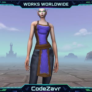 May include: A digital illustration of a female character in a purple and brown costume. The character has pointed ears and green eyes. The image is framed with a blue and green border that reads "WORKS WORLDWIDE" and "CodeZavr".