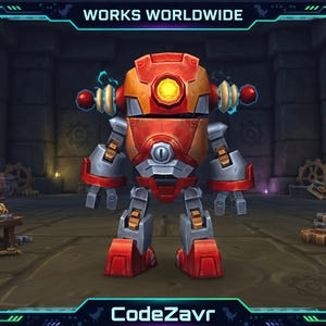 May include: A red and grey robot with a yellow light on its head. The robot has a round body, rectangular legs, and arms. The image has the text "WORKS WORLDWIDE" at the top and "CodeZavr" at the bottom.