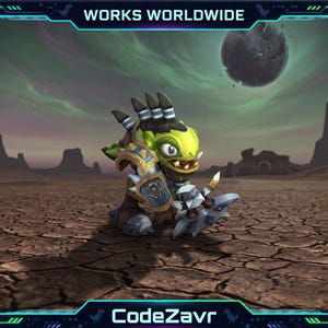 May include: A digital illustration of a green and yellow fantasy creature with armour and a weapon, set against a desert landscape with cracked ground. The image has a futuristic border with the text "WORKS WORLDWIDE" and "CodeZavr".