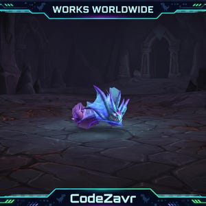 May include: A digital illustration of a fantasy creature with blue and purple wings and a menacing expression. The creature is set against a dark, cavernous background. The image includes the text "WORKS WORLDWIDE" and "CodeZavr".