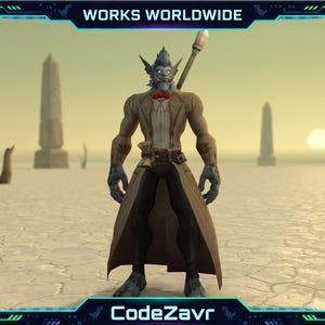 May include: A digital illustration of a humanoid character with grey skin, wearing a tan coat and red bow tie, holding a staff. The background shows a desert landscape with obelisks and the text "WORKS WORLDWIDE" and "CodeZavr".