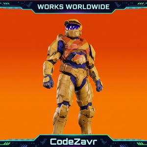 May include: A full-body shot of a futuristic yellow and blue armored suit. The suit has a helmet with a purple visor, and the chest area has a camouflage pattern. The background is orange, and the text "WORKS WORLDWIDE" and "CodeZavr" are visible.