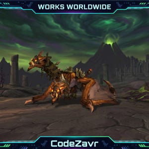 May include: A digital image of a fantasy creature with a brown and tan body, bat-like wings, and glowing orange eyes. The background shows a dark, ominous landscape with a volcano and ruins. The text "WORKS WORLDWIDE" and "CodeZavr" are visible.