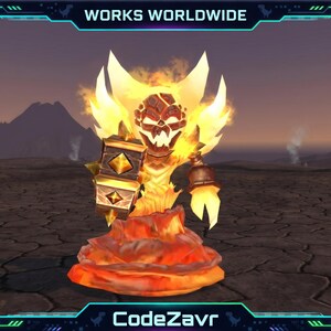 May include: A digital illustration of a fiery creature with a shield and a bell-shaped object. The creature has a red face and is surrounded by flames. The image has the text "WORKS WORLDWIDE" and "CodeZavr" in a digital frame.