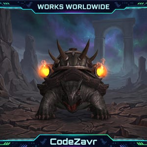 May include: A digital illustration of a large, armoured turtle with glowing orange orbs and spikes. The turtle is set against a fantasy landscape with the text "WORKS WORLDWIDE" and "CodeZavr" in the border.