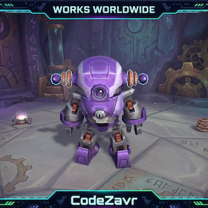 May include: A purple robot with orange detailing is positioned in a stone chamber. The robot has a single circular eye and antenna-like features. The image includes the text "WORKS WORLDWIDE" and "CodeZavr" within a blue and green frame.