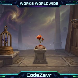 May include: A digital artwork depicting a surreal scene. A rose on a plinth, a bird in a cage, and a basketball hoop are set against a cosmic backdrop. The text "WORKS WORLDWIDE" and "CodeZavr" are displayed in the image.