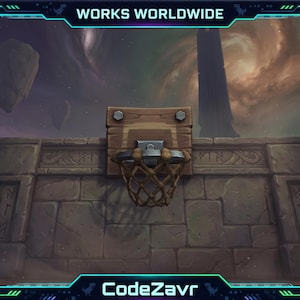 May include: A digital illustration of a basketball hoop fixed to a stone wall, set against a cosmic backdrop. The hoop is made of wood and metal, with a woven net. The image includes the text "WORKS WORLDWIDE" and "CodeZavr".