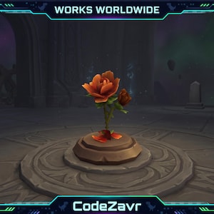 May include: An orange rose with green leaves and a brown base, displayed on a stone pedestal. The image has a dark background with the text "WORKS WORLDWIDE" and "CodeZavr" in a blue and green frame.
