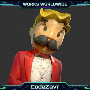 May include: A 3D rendered character with a large black mustache, wearing a red blazer, white shirt, and bow tie. The character has blonde hair and a neutral expression. The image has the text "WORKS WORLDWIDE" and "CodeZavr".