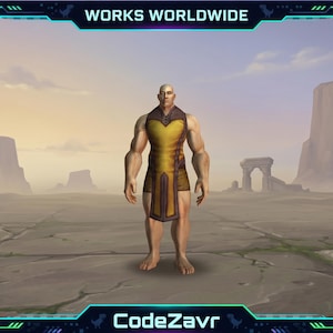 May include: A bald character in a yellow and brown tunic stands in a desert landscape. The image has a digital frame with the text "WORKS WORLDWIDE" at the top and "CodeZavr" at the bottom. The character is muscular and barefoot.