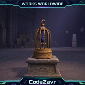 May include: A gold-coloured birdcage with a blue bird inside, placed on a stone pedestal. The cage features a decorative design and a handle. The background is a dark, industrial space with the text "WORKS WORLDWIDE" and "CodeZavr".