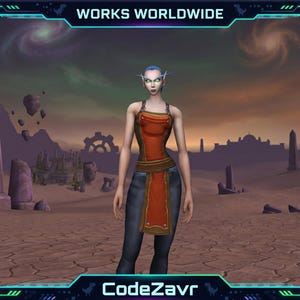 May include: A digital illustration of a female character in a red and orange tunic and dark trousers, set against a desert landscape with a purple sky. The image has a futuristic border with the text "WORKS WORLDWIDE" and "CodeZavr".