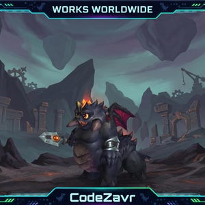 May include: Digital artwork featuring a cartoon dragon with a sword in a fantasy setting. The dragon is dark grey with red wings and a fiery crest. The background shows ruins and a crane. The image has a border with the text "WORKS WORLDWIDE" and "CodeZavr".
