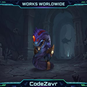 May include: A digital illustration of a purple creature with large orange eyes, gold accents, and a serpent-like body. The background depicts an underwater scene with stone structures and a fish. The text "WORKS WORLDWIDE" and "CodeZavr" are visible.