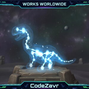 May include: A glowing blue dinosaur-shaped constellation against a space background. The image has a digital frame with the text "WORKS WORLDWIDE" at the top and "CodeZavr" at the bottom. The dinosaur is standing on a stone pedestal.