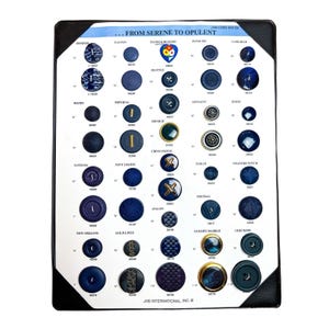 Tarjeta de muestra de botones de vendedor de JHB, azul marino original, sereno a opulento