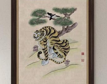 韓国の虎とカササギの版画、ムンベド絹本民芸品 - Etsy 日本