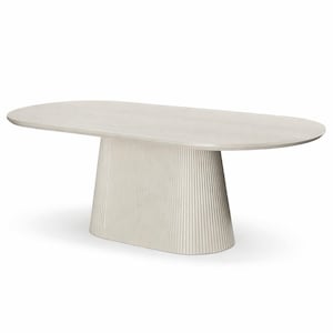 May include: An off-white oval dining table featuring a smooth, flat tabletop surface supported by a single, wide, pedestal base. The pedestal base is characterized by a vertical, fluted, or ribbed texture that wraps around the entire structure.