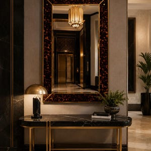 May include: A rectangular wall mirror with a dark brown and black tortoiseshell patterned frame and gold metal trim. The mirror reflects a hallway with a hanging pendant light, and it is positioned above a black marble console table with gold legs.